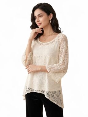 NWT Brittany Black Boho Lace Tunic Blouse L | Sharkbite Hem Festival Romantic